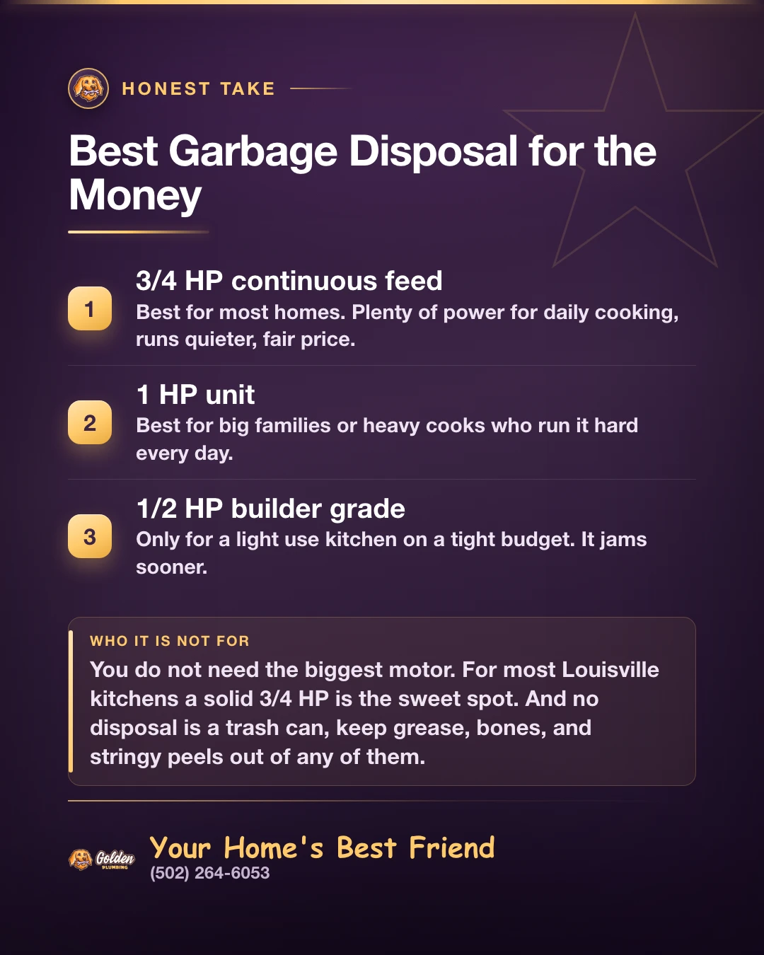 Ranked card: best garbage disposal for the money, with 3/4 HP continuous feed for most homes, 1 HP for heavy use, and 1/2 HP builder grade for light use