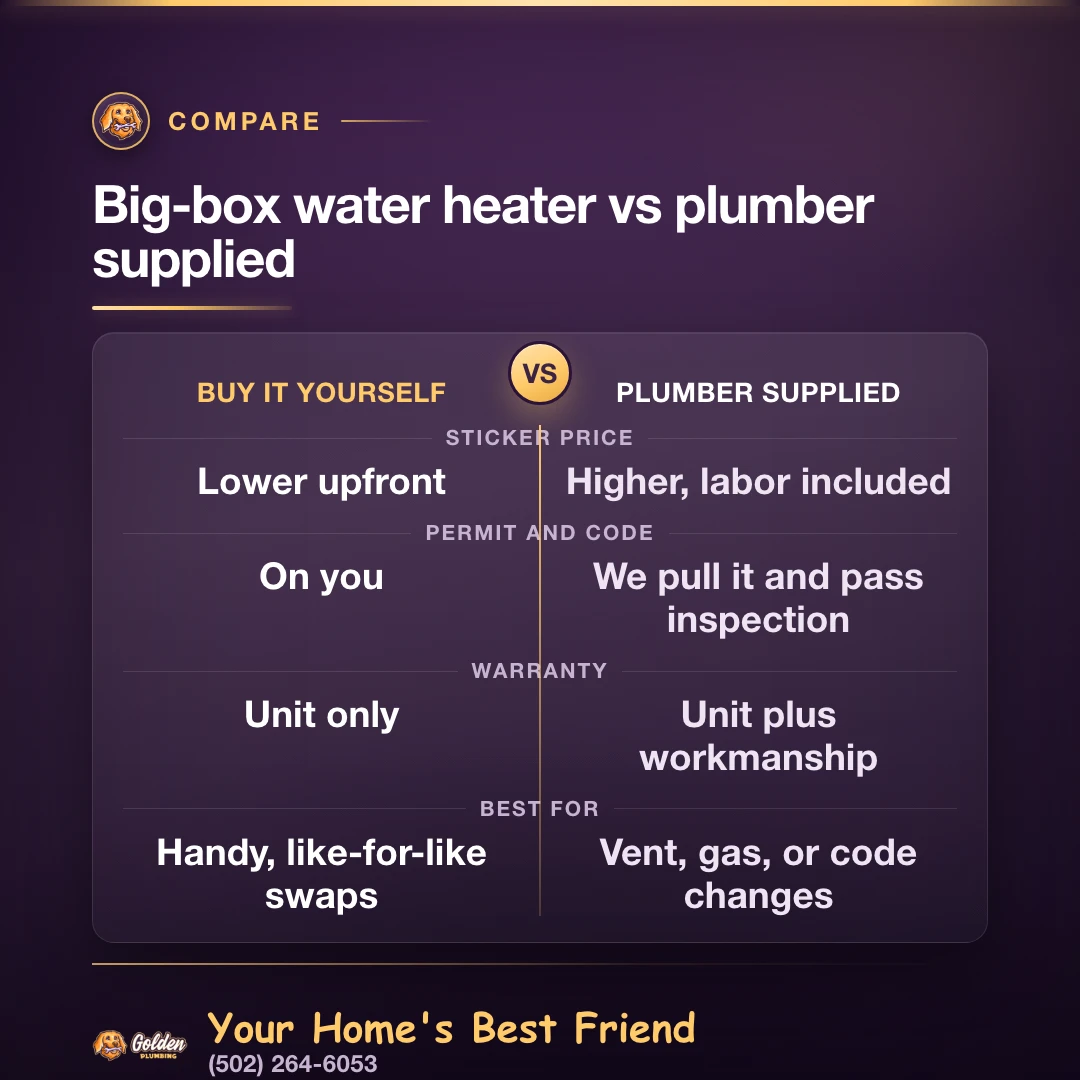 Comparison table of a big-box store water heater you buy yourself versus a plumber-supplied unit: sticker price, permits and code, warranty, and best fit