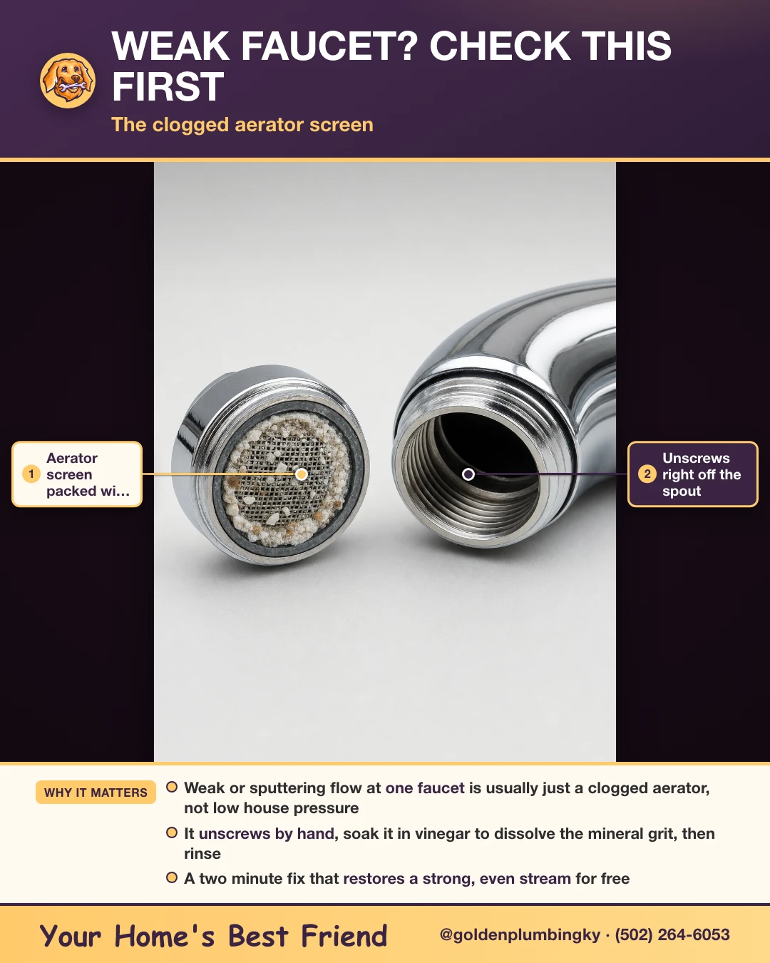 Photo diagram of a faucet spout with the aerator unscrewed and its screen packed with mineral grit
