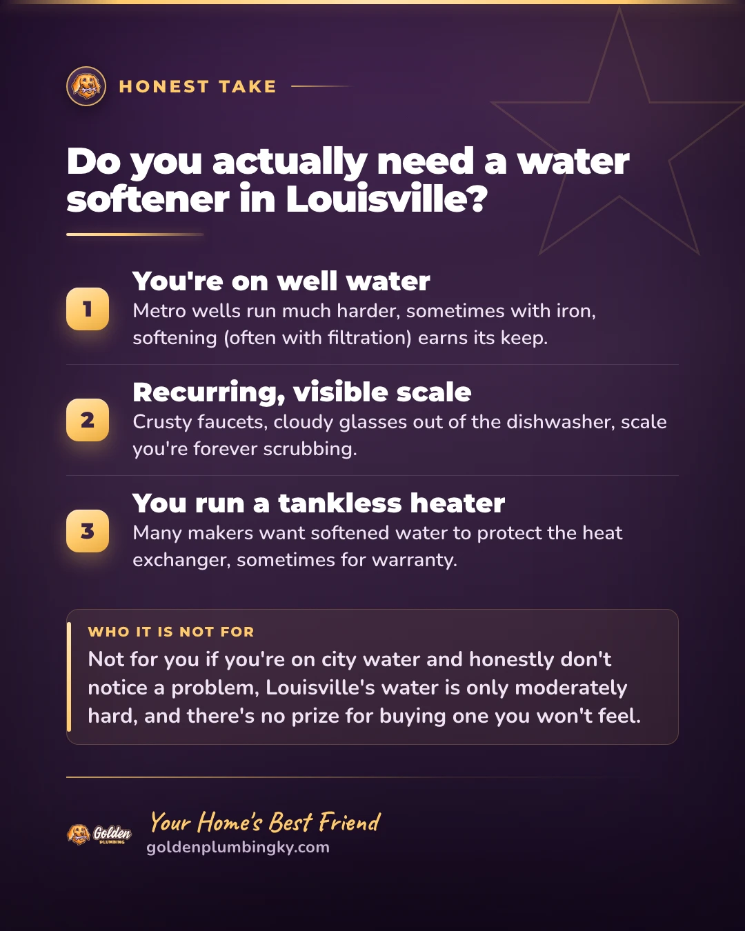 Golden Plumbing recommendation card: Do you actually need a water softener in Louisville?