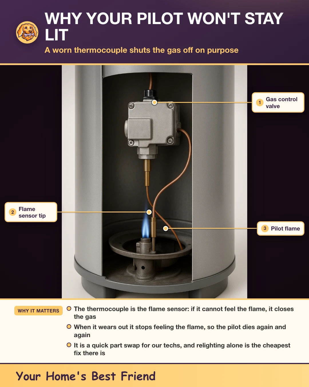Cutaway diagram of a gas water heater burner compartment showing the pilot flame, the thermocouple tip sitting in the flame, and the gas control valve above