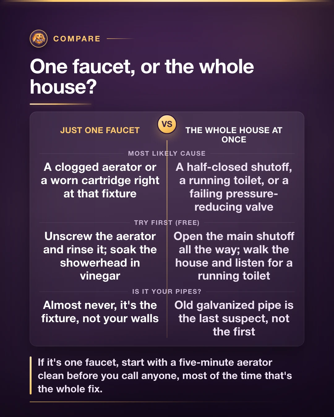 Golden Plumbing comparison card: One faucet, or the whole house?