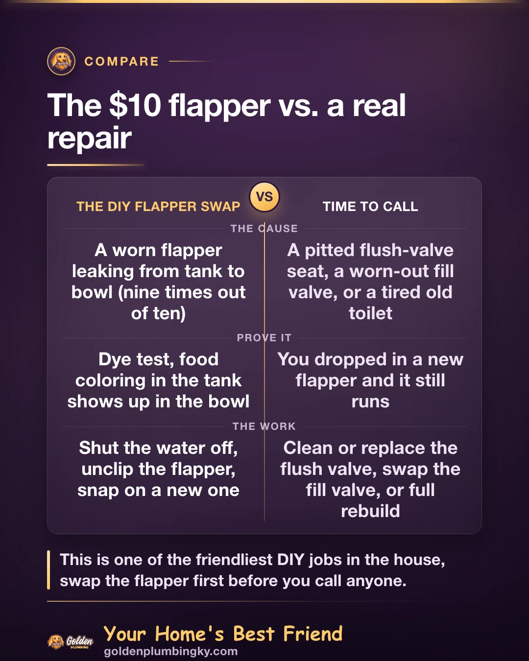 Golden Plumbing comparison card: The $10 flapper vs. a real repair