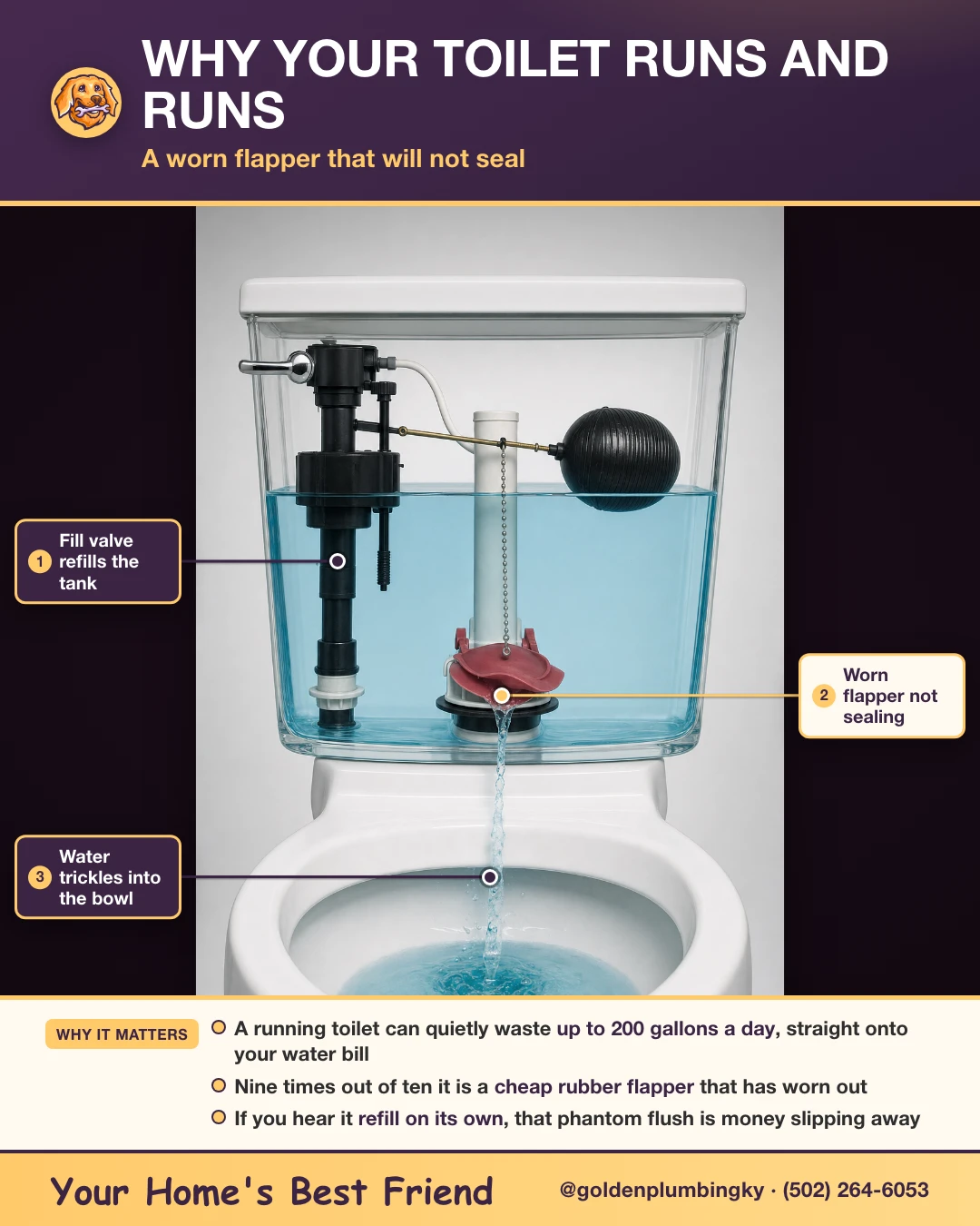 Cutaway of a toilet tank showing the fill valve, a worn flapper that will not seal, and water trickling into the bowl