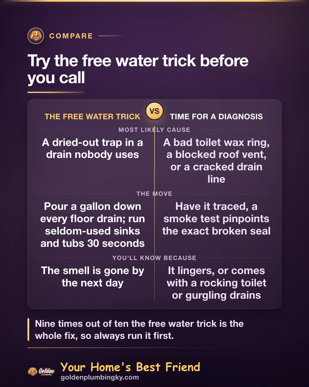Golden Plumbing comparison card: Try the free water trick before you call