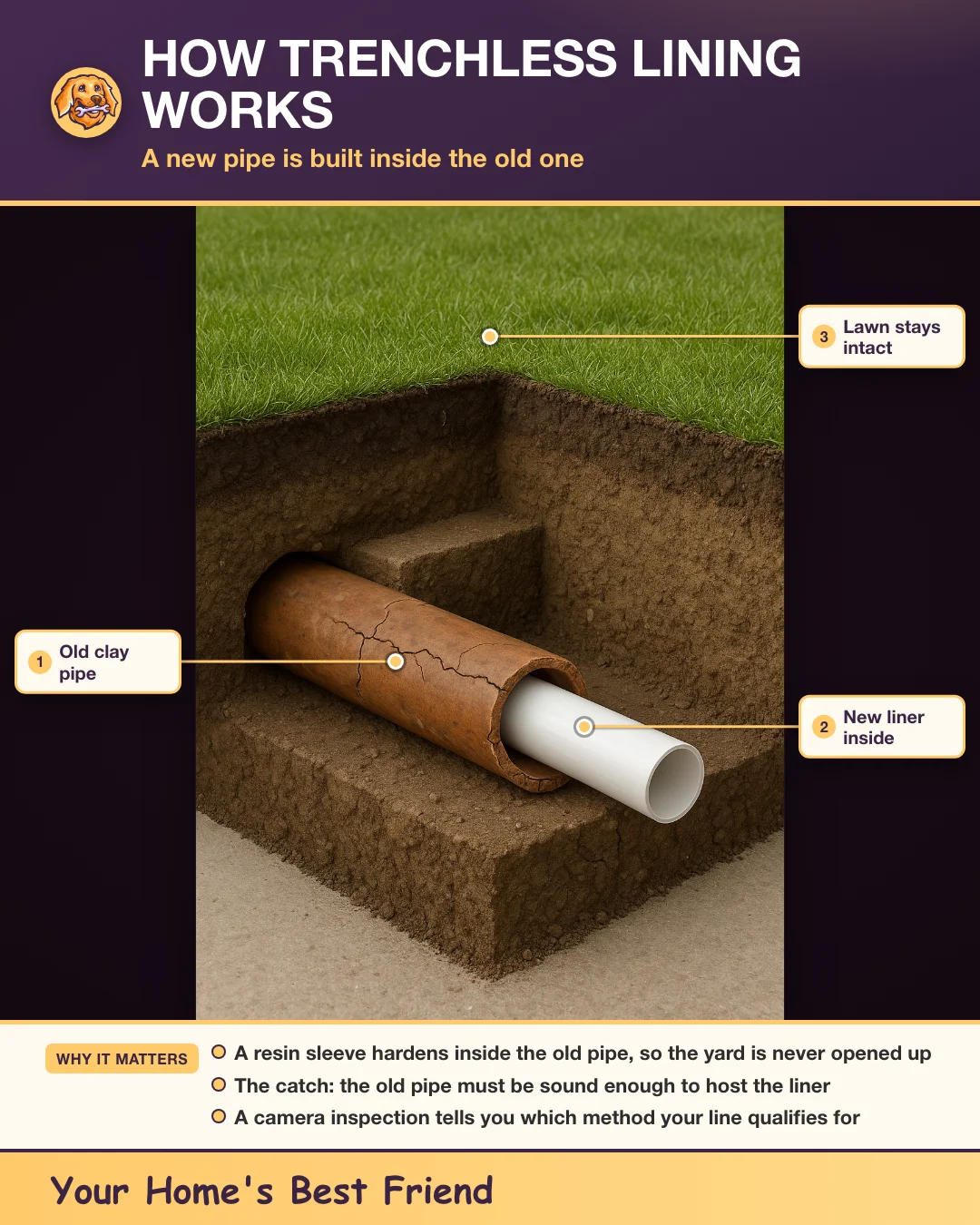 Underground cross-section showing a new resin liner cured inside an old cracked clay sewer pipe beneath an intact lawn
