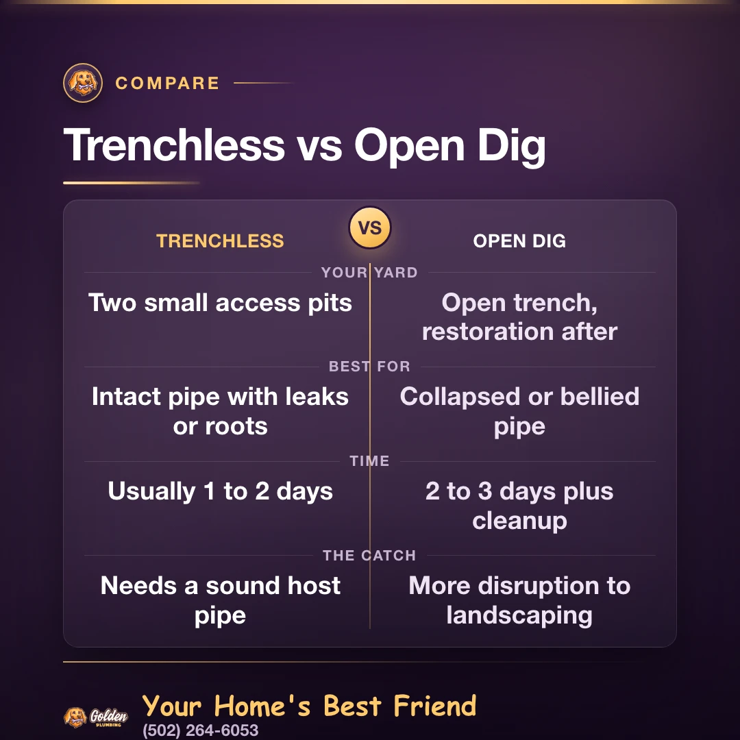 Comparison table of trenchless versus open dig sewer repair: yard impact, best fit, time, and the catch with each method