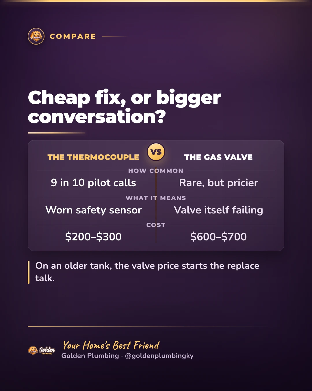 Golden Plumbing decision card: a pilot light that won't stay lit is usually a $200–$300 thermocouple, while a failed gas control valve at $600–$700 on an older tank starts the repair-or-replace conversation