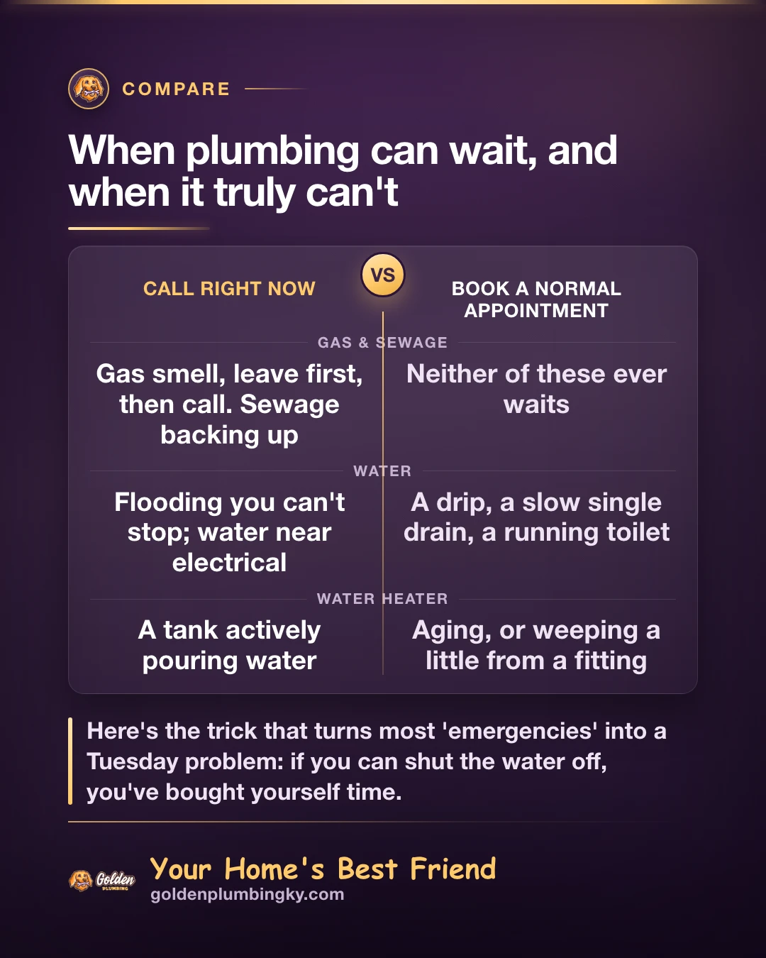 Golden Plumbing comparison card: When plumbing can wait — and when it truly can't