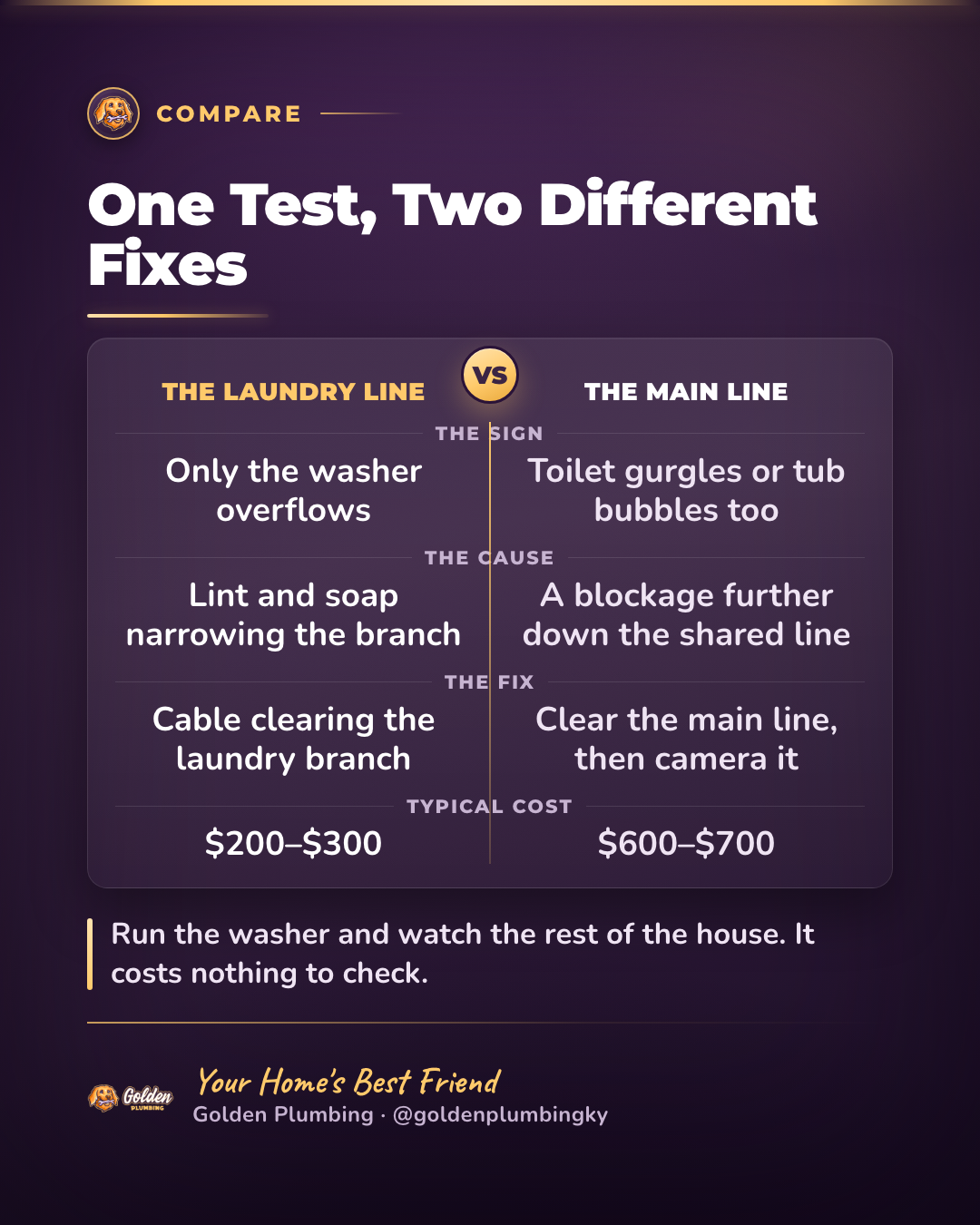 Golden Plumbing comparison card: clearing a laundry drain runs $200–$300, while a main line clearing with camera evaluation runs $500–$600, decided by whether only the washer or multiple fixtures are affected