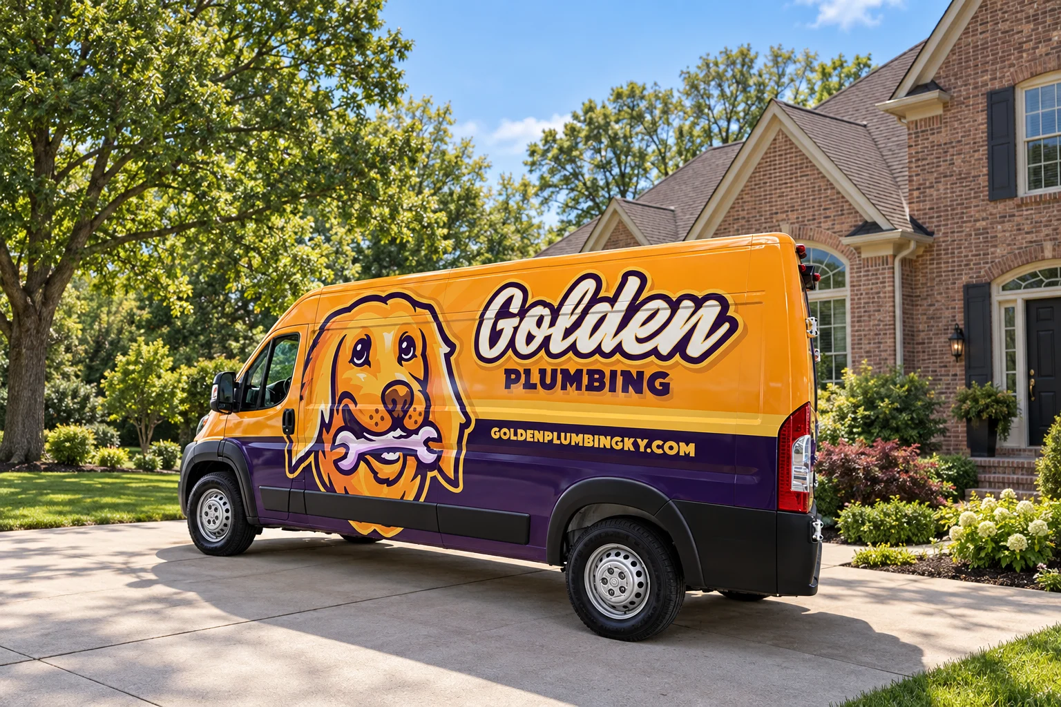 Concept image of a Golden Plumbing van outside a brick home