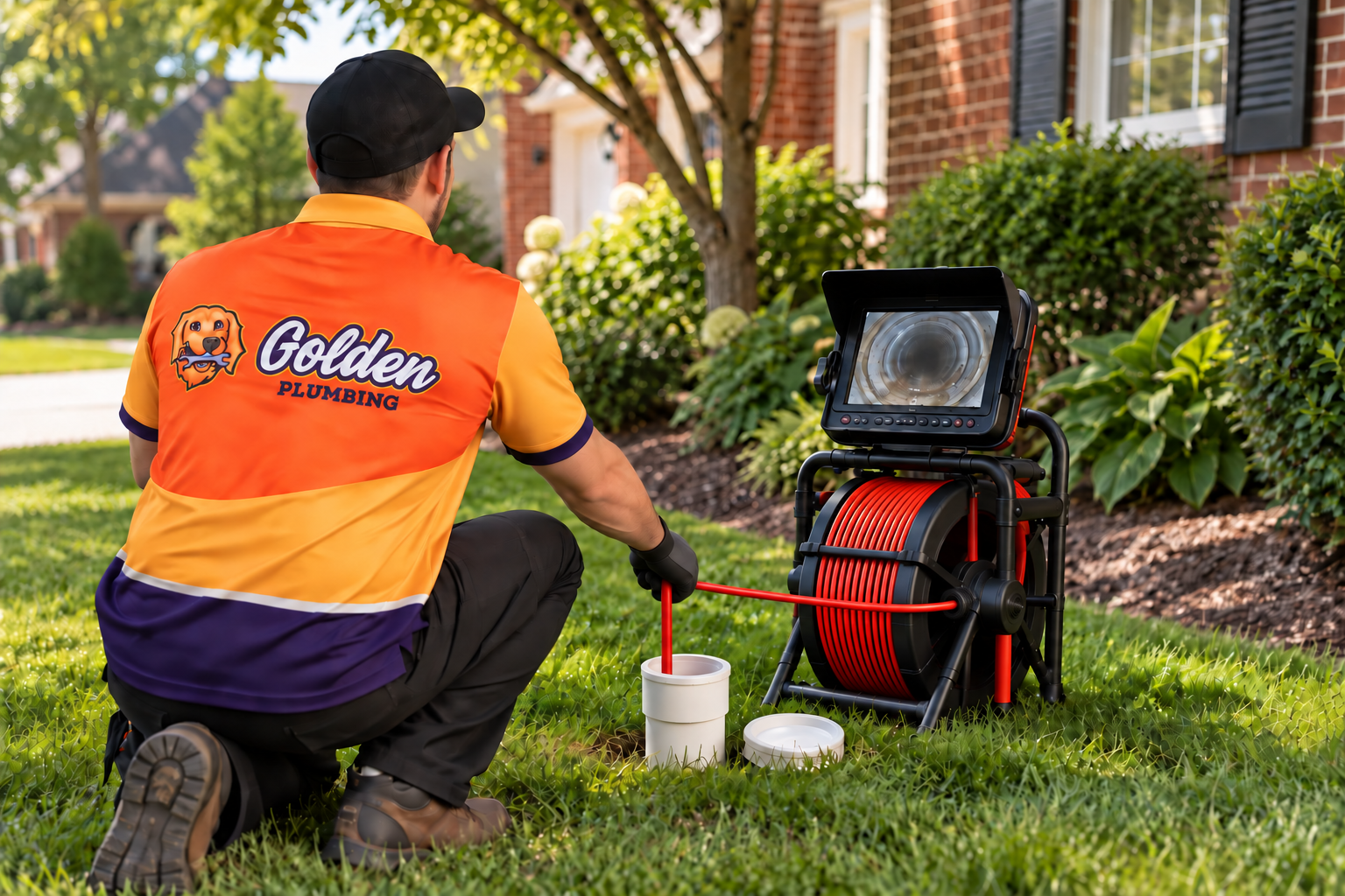 AI concept: a technician inspects a sewer line with a camera