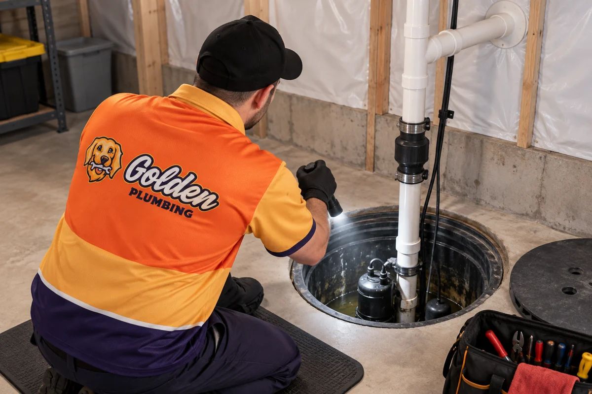 AI concept: a technician inspects a basement sump pump
