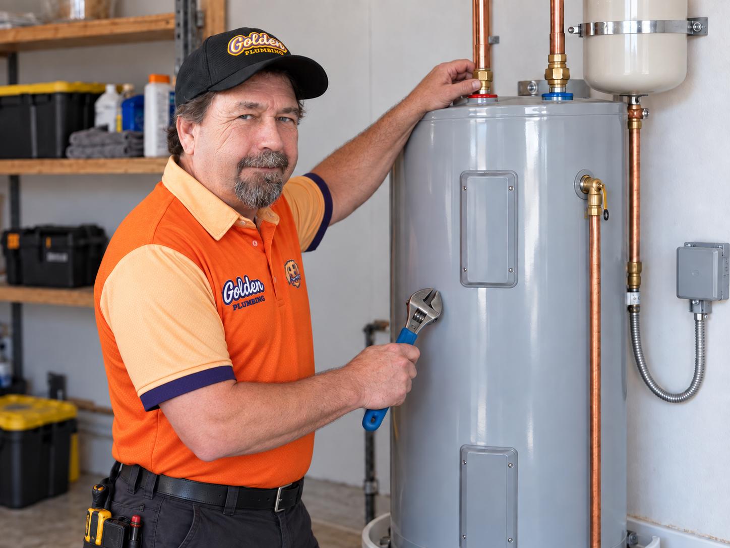 AI concept: a Golden Plumbing plumber with face visible, smiles beside a water heater